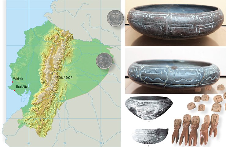 Over the past half-century, archaeologists discovered on the Pacific coast of Ecuador, including near the villages of Valdivia and Real Alto, a number of sites of an ancient agricultural culture with a sophisticated ceramic technology. Above: Pottery of the Valdivia culture, the early stage. Photo by A. Popov. Below: ceramic vessels of the Jomon culture. The shape of the vessels is typical of Valdivia. Photo from the book Early Formative Period of Coastal Ecuador: The Valdivia and Machalilla Phases by B. J. Meggers, C. Evans, and E. Estrada (Washington, D.C.: Smithsonian Institution, 1965)