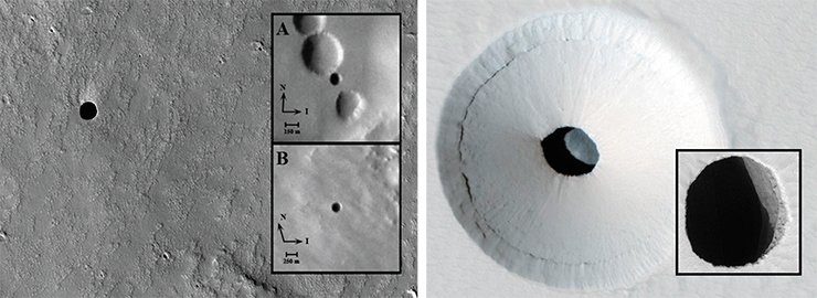 В марсианском грунте встречаются круглые дырки размером в десятки метров. Дно обнаружить не удалось