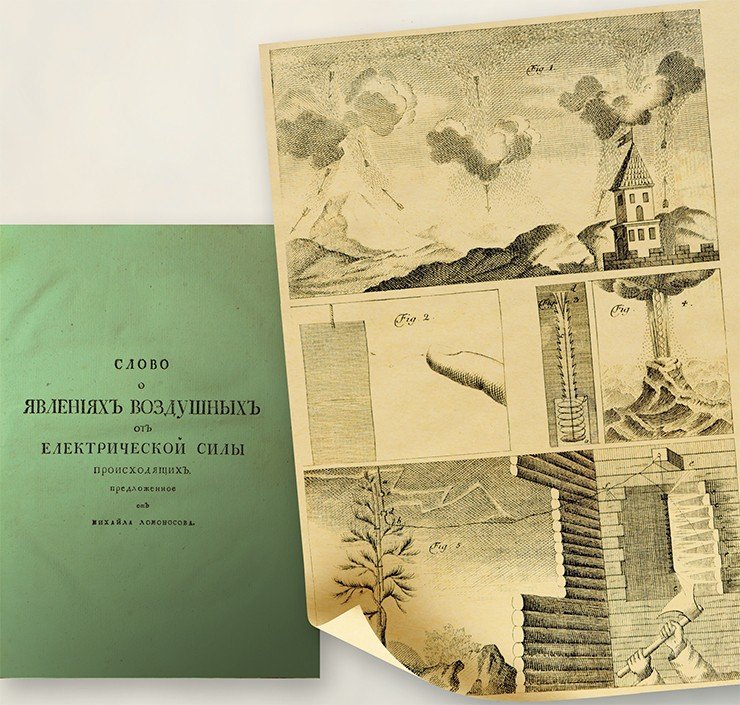 Титульная страница и гравюра из «Слова о явлениях воздушных от електрической силы происходящих» (1753). Российская национальная библиотека, Санкт-Петербург
