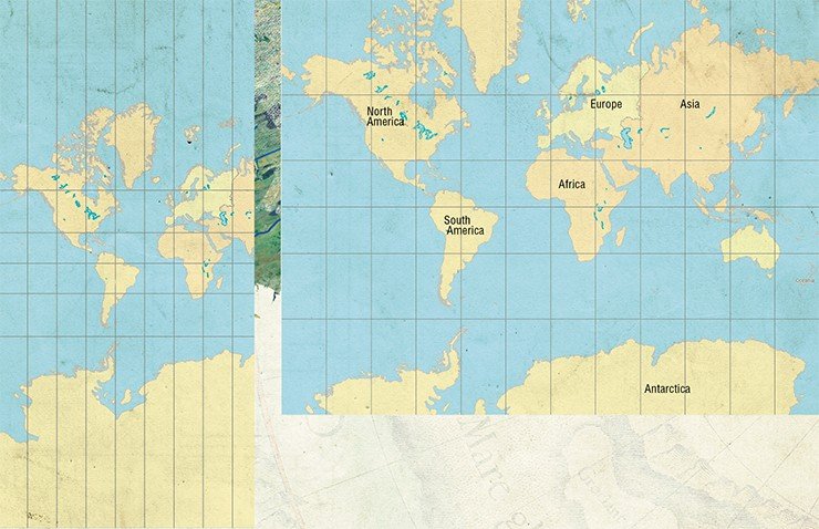 Карта мира в проекции Меркатора. Приполярные области сильно растянуты из-за увеличения масштаба (слева), поэтому карты в этой проекции обычно ограничивают 80-й параллелью (справа) 