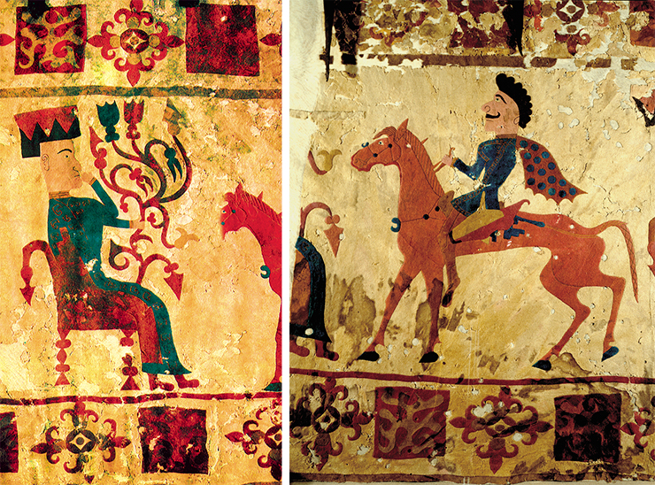 The big felt carpet (GE # 1687-95). Fifth Pazyryk Tumulus. On left is a fragment with a goddess. On the right is a fragment with a horseman. State Hermitage, St. Petersburg