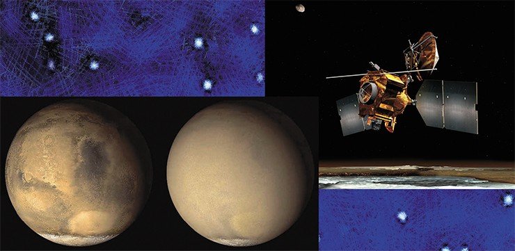 Два снимка Марса, полученные в 2001 г. аппаратом Mars Global Surveyor. Слева: фото, сделанное в конце июня (четко видна поверхность планеты); справа: в июле, когда Марс был окутан пылевой бурей. Credit: NASA/JPL/MSSS. Межпланетная станция Mars Reconnaissance Orbiter. Credit: NASA