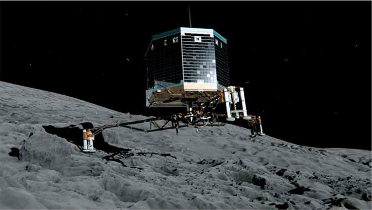 Спускаемый аппарат «Филы» на поверхности кометы 67P/Чурюмова – Герасименко. © ESA/ATG medialab