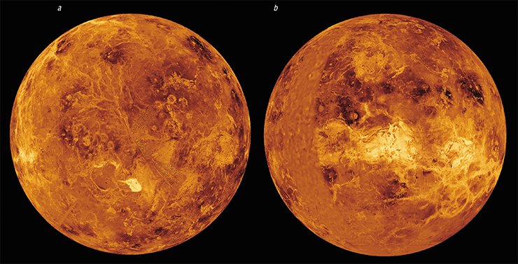 These images of the surface of Venus were obtained by visualizing the data from the interplanetary Magellan mission, which were supplemented by those from other space missions and ground-based radar observations: a – northern hemisphere (the bright spot at the bottom is Maxwell Montes, which are 11 km high); b – eastern hemisphere (dark areas are traces of the impacts of large meteorites on the plains). Credit: NASA/JPL