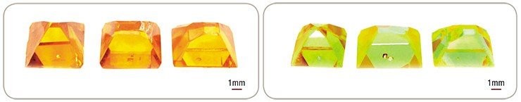 Кристаллы алмаза до отжига (слева), и те же кристаллы после отжига (справа)
