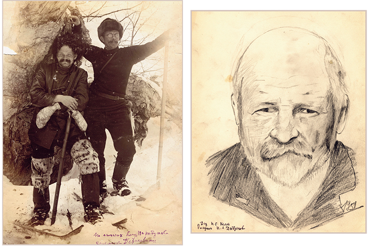 Дед Н. Г. Келль. Слева – в камчатской экспедиции, 1910 г.; справа – в 1951 г. (Рисунок Н. Л. Добрецова)