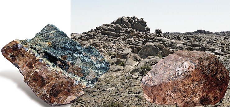 Обнаруженный среди «лунных пейзажей» моря гранитов Хан-Богдинского массива минерал армстронгит внешне схож с эльпидитом (Na₂Zr[Si₆O₁₅]·3H₂O), но имеет другую химическую формулу (CaZr[Si₆O₁₅]·2,5H₂O). Слева – коричневые выделения армстронгита в щелочном граните; справа – самый крупный в мире кристалл армстронгита. Хан-Богдинский массив, МНР