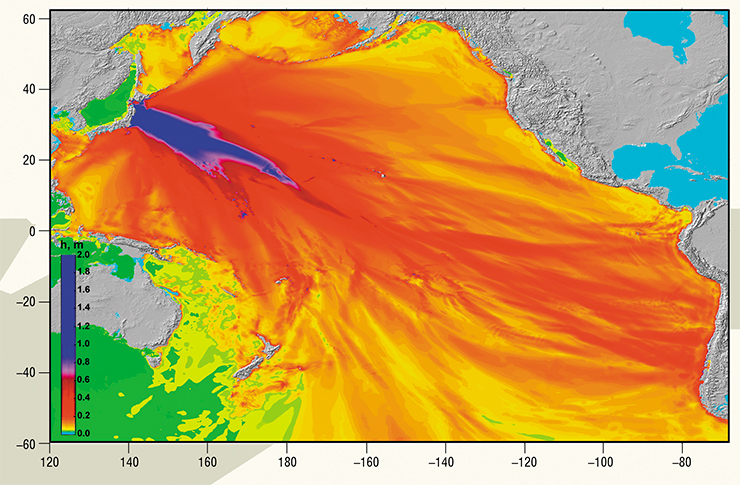 Современные методы численного моделирования цунами позволяют с достаточной точностью оценить распределение высот цунами в целом по океаническому бассейну. На рисунке приведен результат расчета максимальных амплитуд цунами Тохоку 11 марта 2011 г., выполненного с использованием программных комплексов STATIC (ИВМиМГ СО РАН) (Гусяков, 1978) и MOST (NOAA) (Titov et al., 2016).  Расчеты необходимых инженерам и проектировщикам высот заплеска в каждой отдельной точке побережья представляют собой значительно более трудную задачу, поскольку требуют применения сложных нелинейных алгоритмов и детальных данных о батиметрии дна и рельефе прибрежных участков суш
