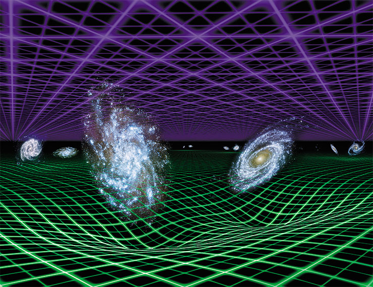 Modern astronomers believe that the expansion of the Universe is governed by both the force of gravity, which slows it down, and the mysterious dark energy, which acts in the opposite direction. They believe that dark energy is “pushing the cosmos apart” ever faster, thus accelerating the expansion of the Universe. Gravity is inherent in all matter, but its effects manifest themselves locally, diminishing rapidly over long distances. The purple grid in the figure indicates dark energy; the green one represents gravity. © NASA/JPL-Caltech