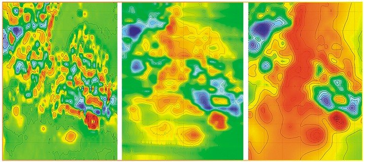 Опытные работы на полигоне алмазодобывающей компании «АЛРОСА», 2015 г. Карты аномального магнитного поля, полученные в ходе пешеходной съемки (слева), с помощью БПЛА (в центре) и в ходе аэросъемки (справа)