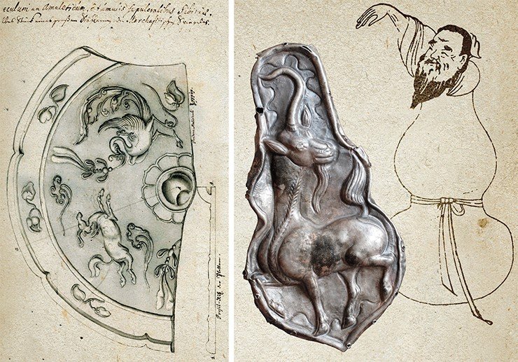 Фрагмент зеркала с изображением феникса и цилиня – великолепный образец танского искусства. 618—907 гг. (слева). Зеркало было найдено известным российским исследователем Д. Г. Мессершмидтом, но затем утеряно, сохранился лишь рисунок начала XVIII в. Помимо феникса и цилиня на зеркале изображены так называемые «драгоценные облака» (баоюнь), введенные в орнамент для усиления благопожелательной символики (Лубо-Лесниченко,1975). Эти облака можно увидеть и на изображениях единорогов, обнаруженных в кургане могильника Гол-Мод. Справа: тыквенный старец с книжной гравюры. По: (Кравцова М. Е. История искусства Китая, 2004)