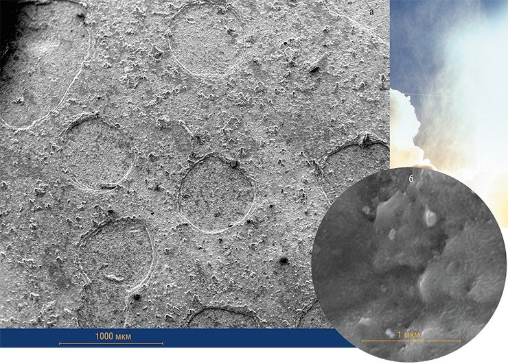 Плазмотронные испытания многоуровневых теплозащитных покрытий на наноструктурированной подложке показали, что при мощном тепловом воздействии на их поверхности появляются кольцевые эрозионные кратеры (а), но в целом покрытие не нарушается и сохраняет работоспособность. При большем увеличении видно, что морфология поверхности в области эрозионного кратера представлена гладкими структурами с как бы оплавленными краями. При этом нанотрещины залечиваются, а часть микротрещин оплавляется (б). Сканирующая электронная микроскопия (Исследовательский центр имени М. В. Келдыша, Москва)