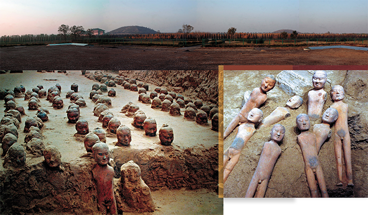 The study of the tomb of the emperor Jing-di in Yangling, the only excavated royal mausoleum to date, revealed miniature sculpture of warriors, civil and court officials, and chariot drivers, buried in special trenches, just like the Qin terracotta army. Each of the figurines was painted, dressed, armed with miniature weapons and equipped with other artefacts appropriate to the owner’s status. Such figurines were carefully arranged in rows according to their ranks