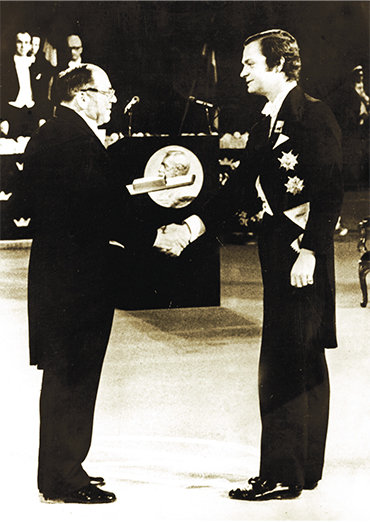 The King of Sweden Carl XVI Gustav is presenting the Nobel Prize to Academician L. V. Kantorovich, who performed comprehensive studies in linear programming and theory of optimal planning of economics