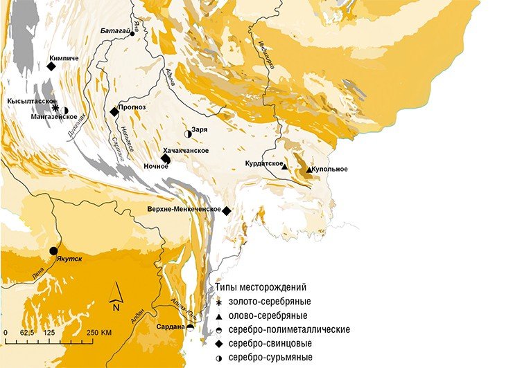 Схема размещения главных месторождений серебра Западно-Верхоянского геолого-экономического района (Якутия). По оценкам, промышленные запасы серебра составляют здесь около 60 000 т