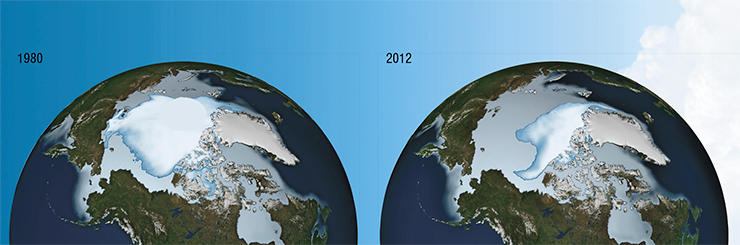 The steady and dramatic decline in the sea ice cover of the Arctic Ocean over the last three decades. Credit: NASA / Goddard Scientific Visualization Studio The steady and dramatic decline in the sea ice cover of the Arctic Ocean over the last three decades. Credit: NASA / Goddard Scientific Visualization Studio