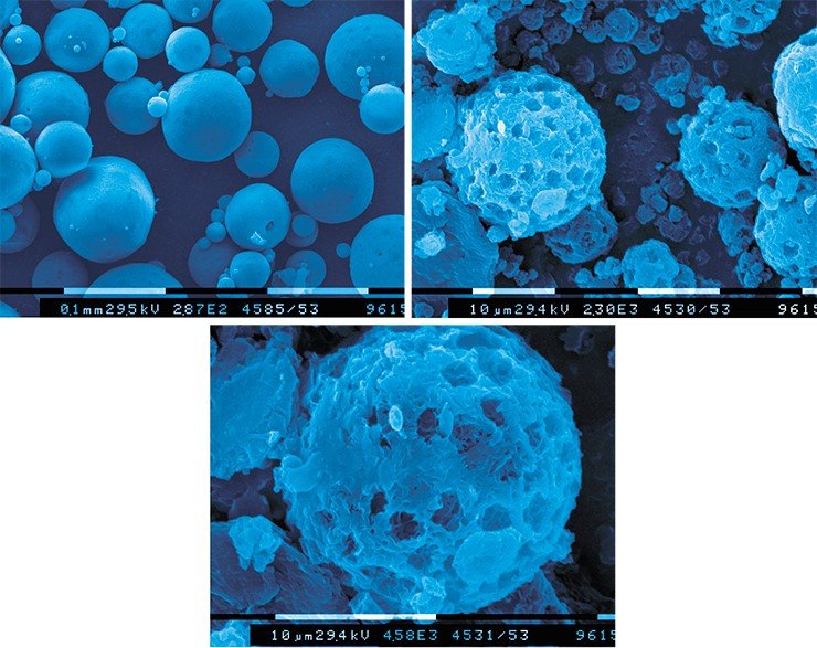 Микрочастицы из «Биопластотана» – полимерного материала биологического происхождения – можно использовать для депонирования и адресной доставки лекарств. Диаметр частиц 0,1—50 мкм. Электронная микроскопия