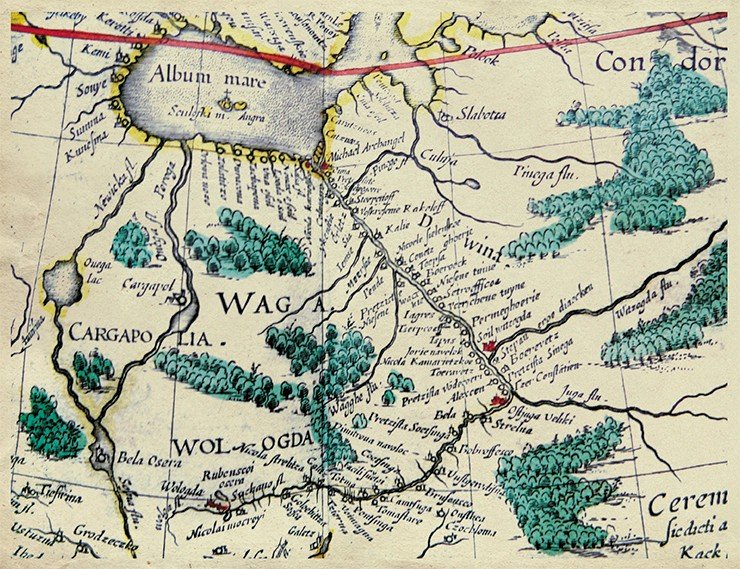 Фрагмент карты России Гесселя Герритса 1613–1614 гг., на котором изображена река Двина, показанная с чрезвычайной подробностью – по личным впечатлениям Исаака Массы