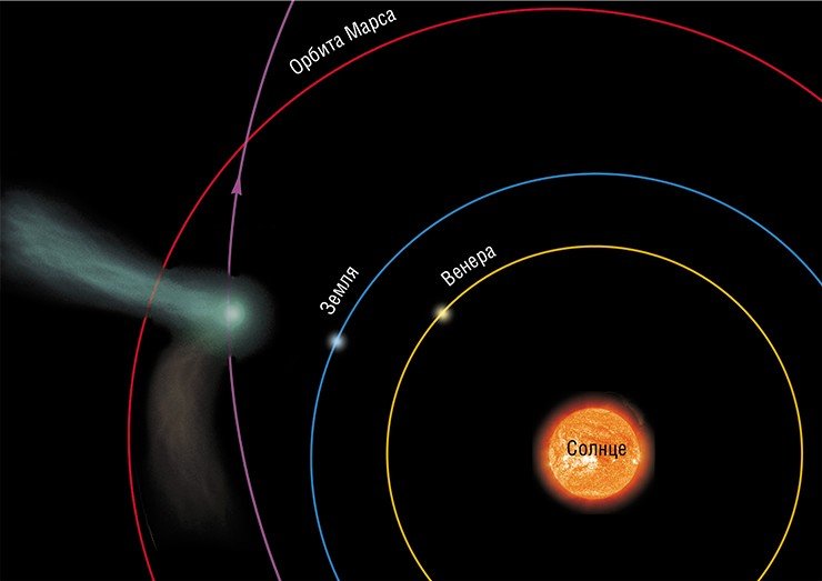 Положение кометы Лулинь в Солнечной системе (хвосты непропорционально увеличены) на момент наибольшего сближения с Землей 24 февраля 2009 г. Комета движется по параболической траектории и к Солнцу уже никогда не вернется