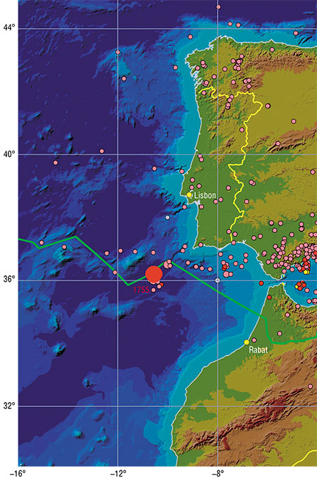 Epicenter of the Lisbon earthquake of 1755 was located in the ocean roughly 250 km from the nearest coast and close to the Gorringe Bank, on the borderline between the Eurasian and African plates (green line). The foci of modern earthquakes registered since 1904 are shown with red circles. © Institute of Computational Mechanics and Mathematical Geophysics, SB RAS