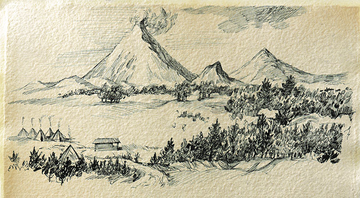 Kamchatka fire-breathing mountain. Drawing by O. Pomytkina after the drawing by J. Ch. Berckhan (1740–1744). From the book Description of the Land of Kamchatka by S. P. Krasheninnikov (1755)