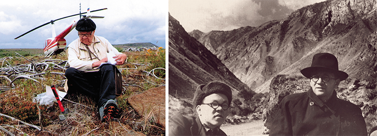 Nikolai Dobretsov amid ignimbrites and silicic tuffs (rocks formed by massive volcanic explosions) at the rim of the Uksichan volcano caldera in the Sredinny Range, northern Kamchatka Peninsula. This caldera emerged from what may well have been one of the world’s most colossal explosive eruptions. The Dobretsovs, father and son, in the Pamir Mountains. 1953