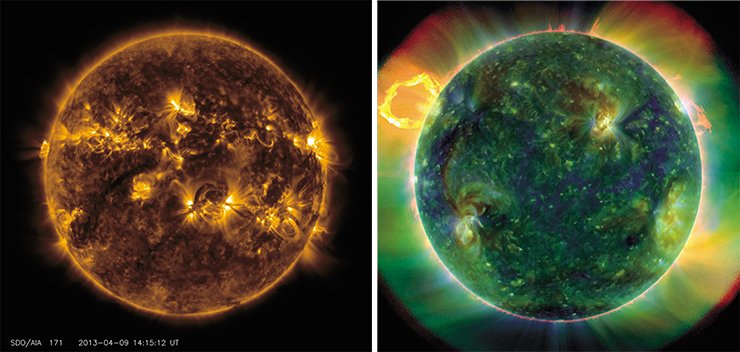 Слева: солнце в линии восьмикратно ионизованного железа Fe IX (17,1 нм) 9 апреля 2013 г. Справа: солнце в линиях He II (30,4 нм) и высокоионизованного железа. 30 марта 2010 г. Фото: Solar Dynamics Observatory, NASA