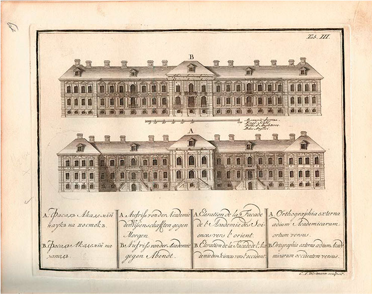 Academy of Sciences and Arts, established in 1725 by the decree of Peter I, took up quarters in the former palace of Tsarina Praskovya Feodorovna on Vasilevsky Island (below: the facades to the east and west). Chisel engraving by Ch. A. Wortmann. Russian National Library (St. Petersburg)