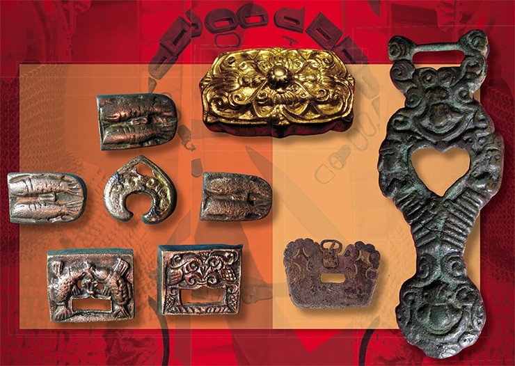 Buckle plate for a waist bag (center below) and suspension for a rank belt (right). Bronze plates for rank belts worn by commanding warriors served for the ancient Kyrgyz as an analogue of modern signs of military distinction (left). Decorated plate for horse harness, made of gilded bronze (center above). State Historical Museum of the Kyrgyz Republic (Bishkek). Photo by the author