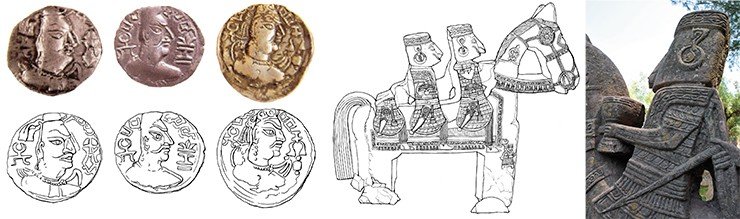 Монеты эфталитов (гуннов-алхонов правителя Мехама, 461–493 гг. н. э.)и их прорисовки (слева); прорисовки каменных всадников (в центре); всадник с кубком в руке, спешащий на встречу с богами (справа). Прорисовка монет и каменных всадников Е. Шумаковой