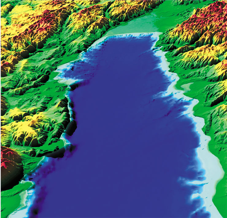 Детальные пространственные (3D) изображения дельты реки Верхняя Ангара и северной границы Северной котловины. Вид с юга
