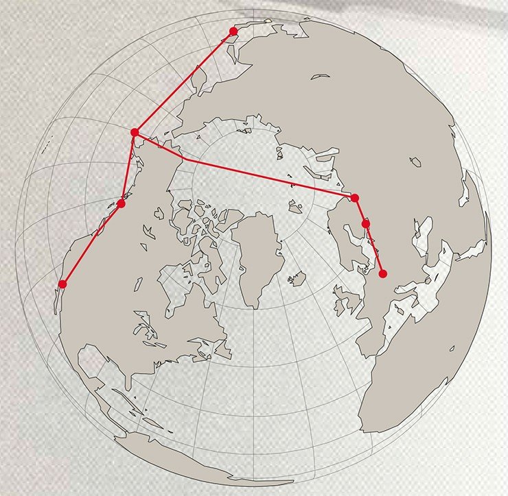 Первый маршрут, предложенный Брунсом, проходил из Лондона через Петроград–Архангельск–полярную область–г. Ном на Аляске–о. Унимак (Алеутские острова) и затем в Йокогаму или в Сан-Франциско и по предварительным расчетам мог быть совершен за семь дней