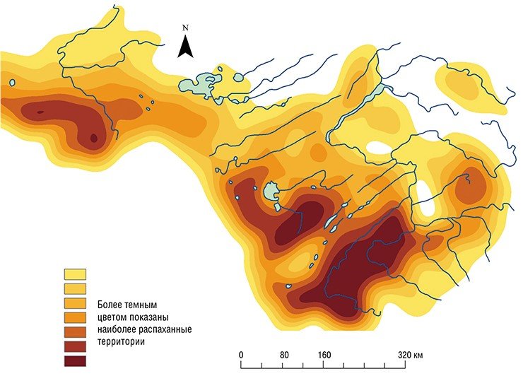 По плотностной модели распаханности юга Западной Сибири видно, что Алтайский край более всего пострадал в этом плане 