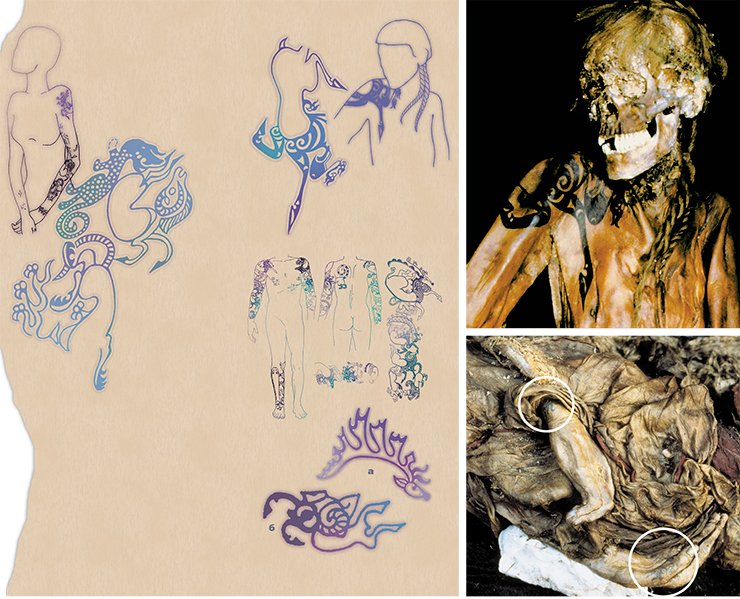 Слева: женские татуировки. Курган 1 могильника Ак-Алаха-3. Прорисовка Е. Шумаковой. Справа вверху: татуировка на плече мужчины. Курган 3 могильника Верх Кальджин-2. В центре: татуировка мужчины. Второй Пазырыкский курган. Справа внизу: фрагменты женской татуировки: а – запястья левой руки; б – большого пальца правой руки. Курган 1 могильника Ак-Алаха-3