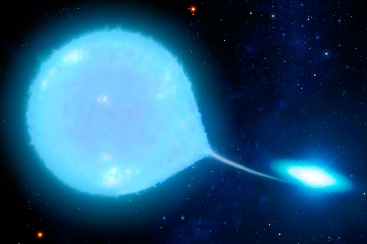Вещество рыхлой звезды двойной системы заполнило полость Роша и в окрестности точки Лагранжа утекает к звезде-напарнику