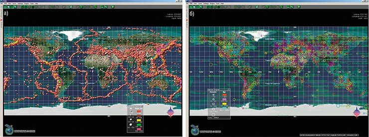 Картографическая оболочка ITRIS поддерживает геофизические базы данных, в том числе базы данных по землетрясениям (а) и импактным (ударным, связанным с падением метеоритов) событиям (б)
