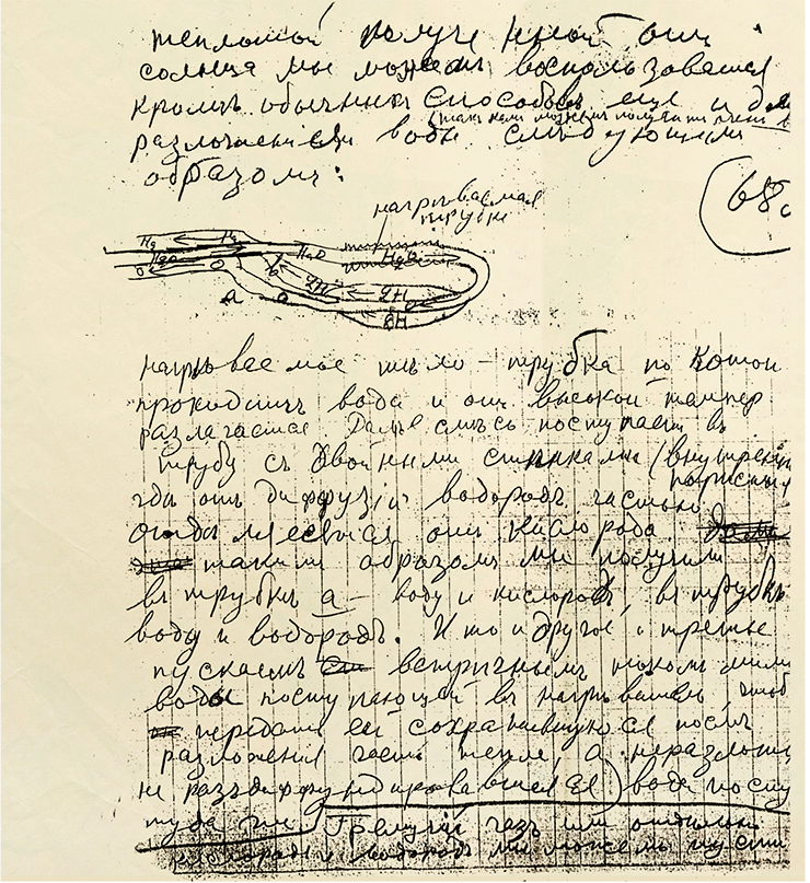 A page from Kondratyuk’s manuscript To those who will read in order to build where the process of receiving oxygen-hydrogen fuel for the rocket using solar energy is described. “Besides the usual methods, we can use the heat received from the sun to decompose water as follows: water goes through a tube, the heated object, and decomposes from high temperature. Then the mixture is fed into a double-wall tube (the inner one being porous), where hydrogen partially separates from oxygen due to diffusion. Thus what is received in the tube is: Tube a: water and oxygen. Tube b: water and hydrogen. Then all three of them are sent with the back current past the water fed into the heater to transfer the heat preserved after decomposition to it, while (non-diffused) water is fed into the heater too. Oxyhydrogen or oxygen and hydrogen separately can be fed [into the combustion engine].” The Archive of the Vavilov Institute of History of Natural Sciences and Technology RAS