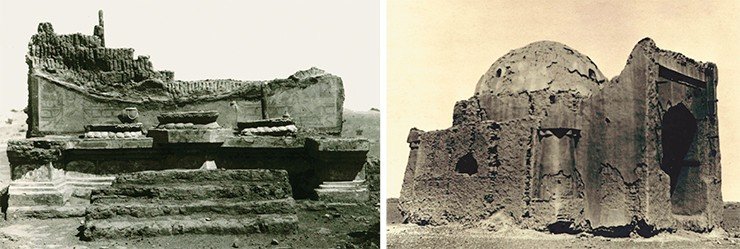 Потайное молельное помещение в северной стене крепости (слева) и развалины мечети у юго-западного угла крепости города (справа)