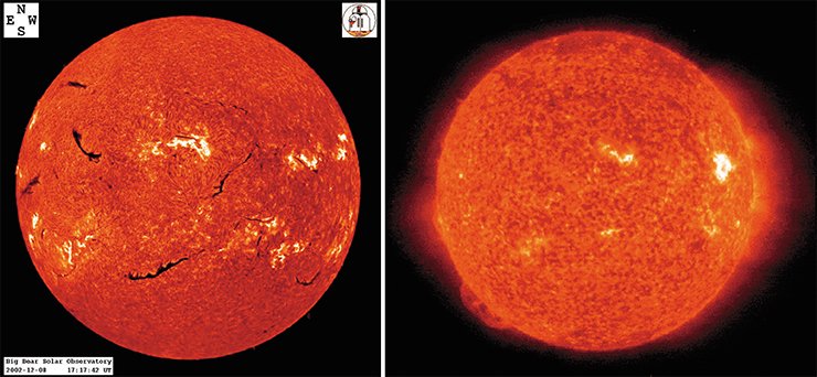 Слева: солнце в линии H⍺ 8 декабря 2002 г. Фото: Big Bear Solar Observatory. Справа: солнце в линиях He II и Si XI (30,4 нм) 27 июня 2005 г. Фото: SOHO (ESA, NASA)