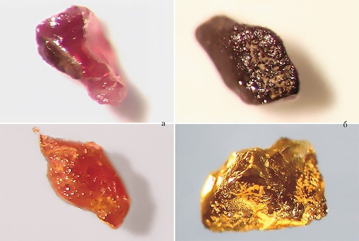 Индикаторные минералы: пироп (а), пикроильменит (б)