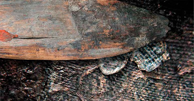 A wooden depiction of a fish. When it is magnified, you can see the multi-layer coating, traces of scales and the structure of cloth. Tumulus 20, Noin-Ula