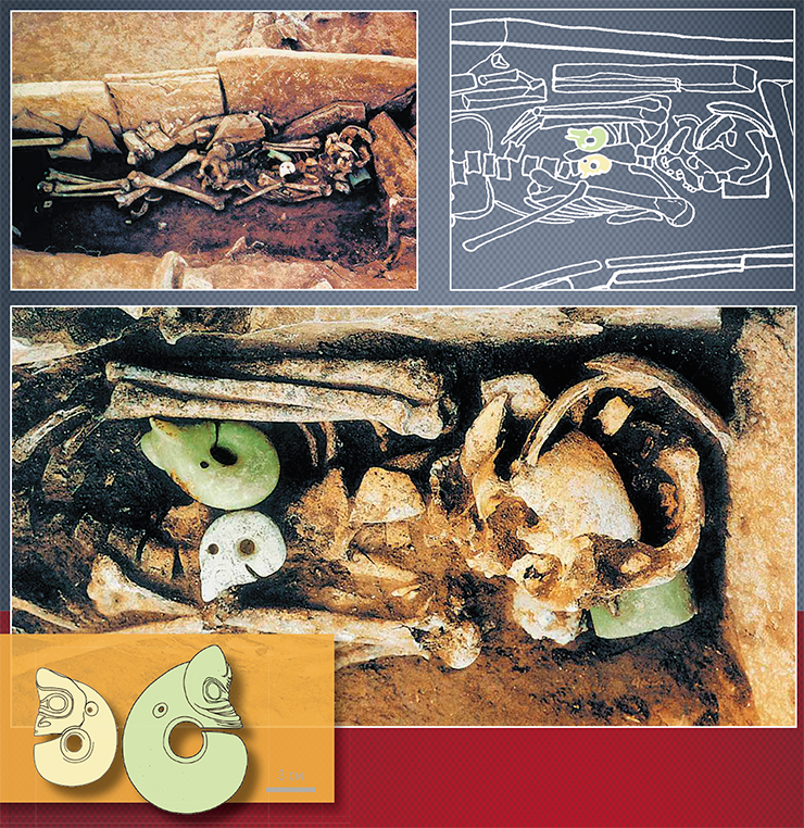 Jade dragons found in burial site N2Z1M4 at the Niuheliang cult monument in Liaoning Province
