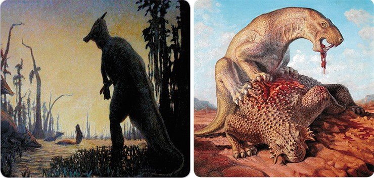 Слева: утконосый динозавр зауролоф (Saurolophus angustirostris) достигал в высоту 8–9 м. Число его щечных зубов, раcполагавшихся в несколько рядов в глубине ротовой полости, достигало 1000. Поздний мел, Монголия. Рис. К. Флерова. Справа: жертва хищного звероподобного синапсида иностранцевии (Inostrancevia) – растительноядный динозавр скутозавр (Scutosaurus). Поздняя пермь. Рис. из эспозиции ПИН РАН