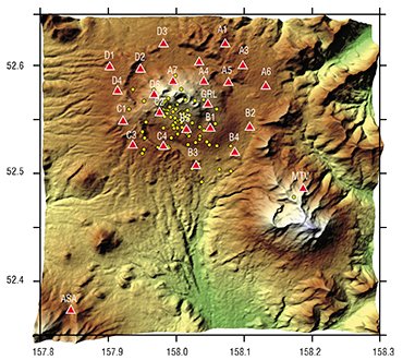 Within the first few hours of operation, the seismic net set on Gorelyi in the summer of 2013, in addition to the three operating stations of the Kamchatka branch of the Geophysical Survey of the RAS (ASA, MTV, and GRL), recorded the coordinates of several seismic events indicative of volcano activation. Station locations are indicated with red triangles, and earthquakes, with yellow dots