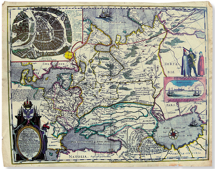 Map of Russia by the Dutch cartographer Hessel Gerritsz, dedicated to Tsar Fyodor Mikhailovich, which was first published in 1614 as a separate sheet. The map was printed in Amsterdam in Willem Blaeu’s workshop. Adapted from: (Atlas – Obras anteriores, 1800). © CC BY 2.0/ Fondo Antiguo de la Biblioteca de la Universidad de Sevilla