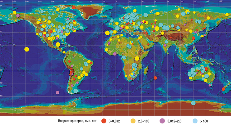 Карта расположения 362 импактных кратеров с высоким индексом достоверности из Экспертной базы данных по импактным структурам Земли (EDEIS, 2021), поддерживаемой в лаборатории цунами Института вычислительной математики и математической геофизики СО РАН (Новосибирск). Всего в базе EDEIS на данный момент содержатся сведения о 1190 импактных структурах. Размер цветных кружков пропорционален диаметру кратера