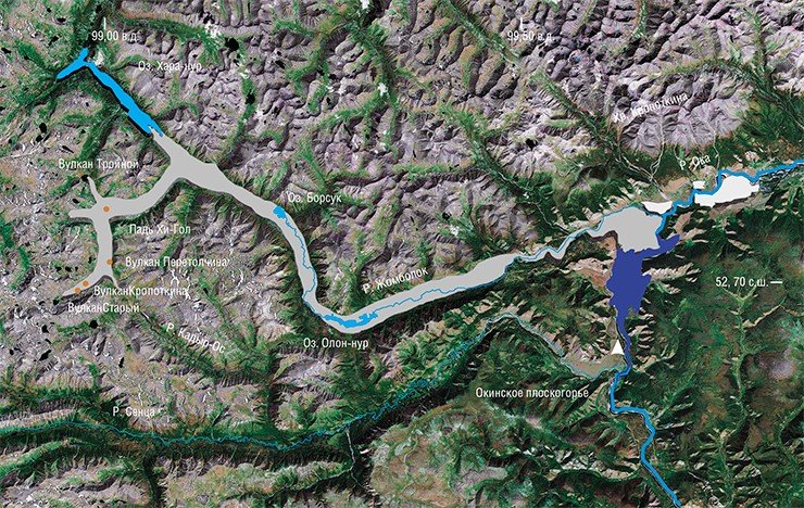Общая картина распространения лавовых потоков (показана серым цветом) в пади Хи-Гол, в долинах рек Жомболок и Ока. «Landsat imagery courtesy of NASA Goddard Space Flight Center and U.S. Geological Survey» or «USGS/NASA Landsat»