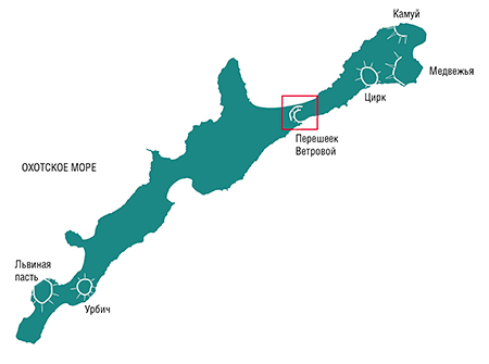 Остров Итуруп – крупнейший из островов Большой Курильской гряды. Он является местом, где расположено самое большое количество кальдерных вулканов. На карте острова показаны наиболее крупные из этих вулканов, а также вулканы, образовавшиеся в недавнем геологическом прошлом