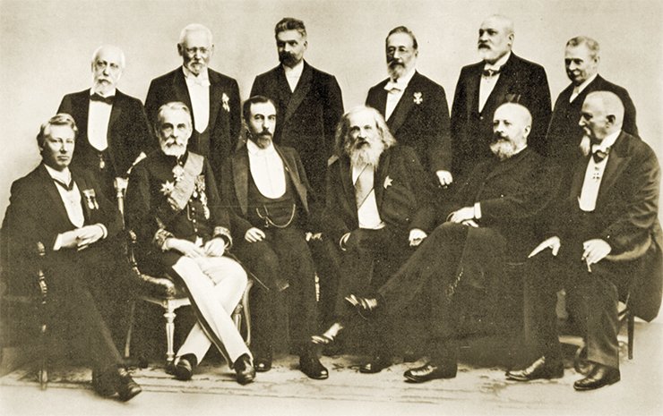 The chemists who took part in the celebration of the 200th anniversary of Berlin Academy of Sciences (1900). Standing (from left to right): A. Ladenburg, S. Jorgensen, E. Hoelz, H. Landolt, C. Winkler, T. Thorpe. Sitting: J. van ‘t Hoff, F. F. Beilstein, W. Ramsay, D. Mendeleev, Adolf von Baeyer, A. Cossa. D. I. Mendeleev Museum & Archives, St Petersburg State University