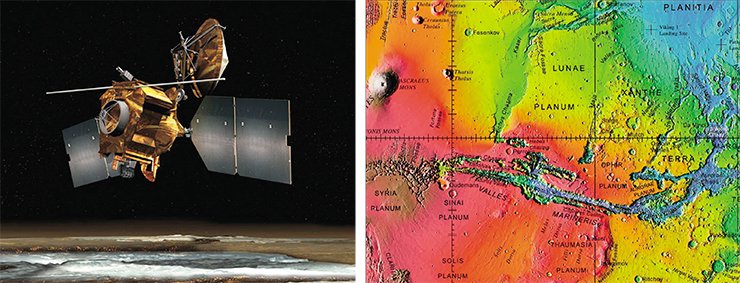 Межпланетная станция Mars Reconnaissance Orbiter (слева). Фрагмент физической карты Марса  (NASA / JPL-Caltech / Arizona State University)